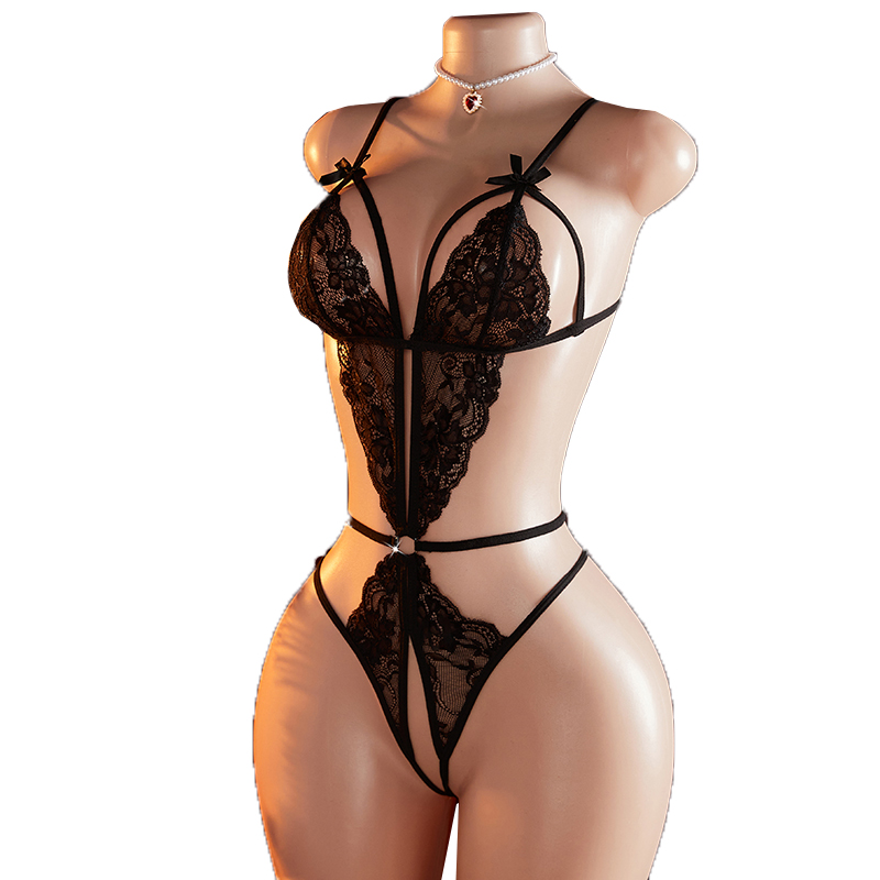 Lace Teddy Lingerie - Прозрачное сексуальное цельное полое черное кружевное